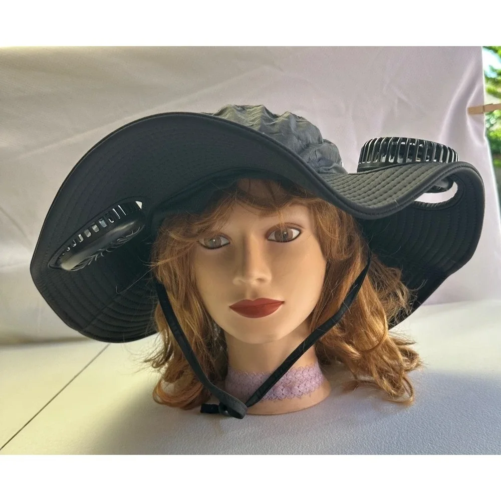 Wide Brim Sun Hat Dual Fans UV Protection Black Hiking Fishing Camping NEW Gear